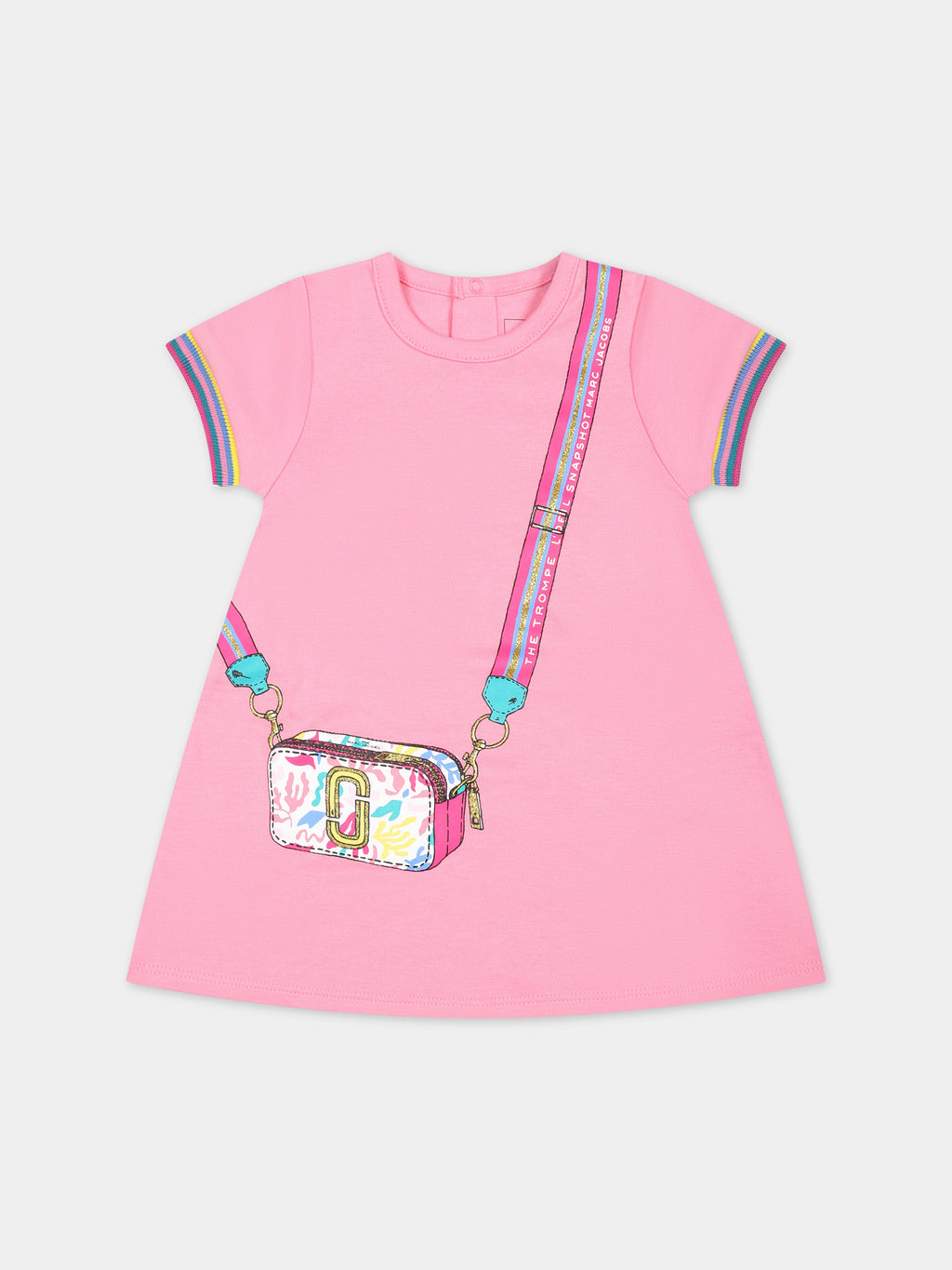 Pink dress for baby girl with bag print and logo